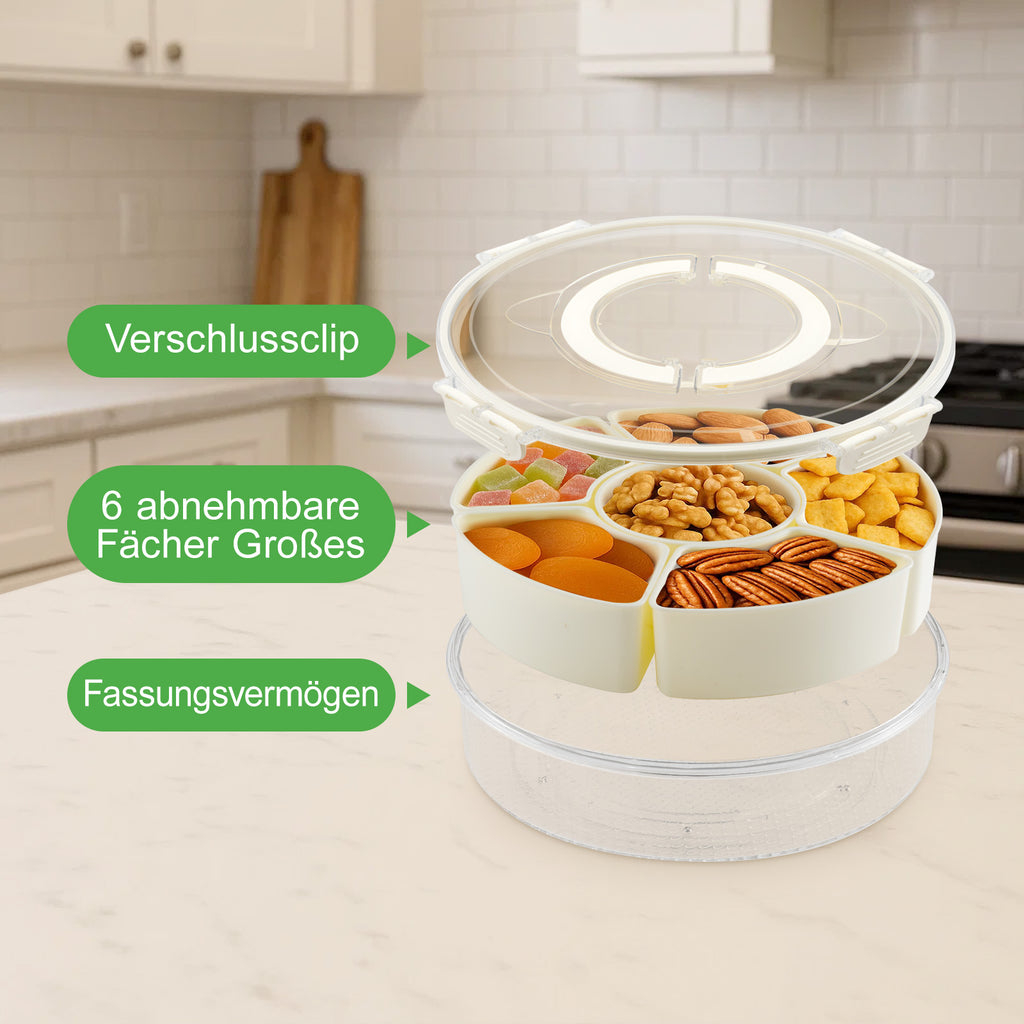 Premium Snack-Karussell mit 6 Fächern – Drehbarer Party-Organizer mit transparentem Deckel