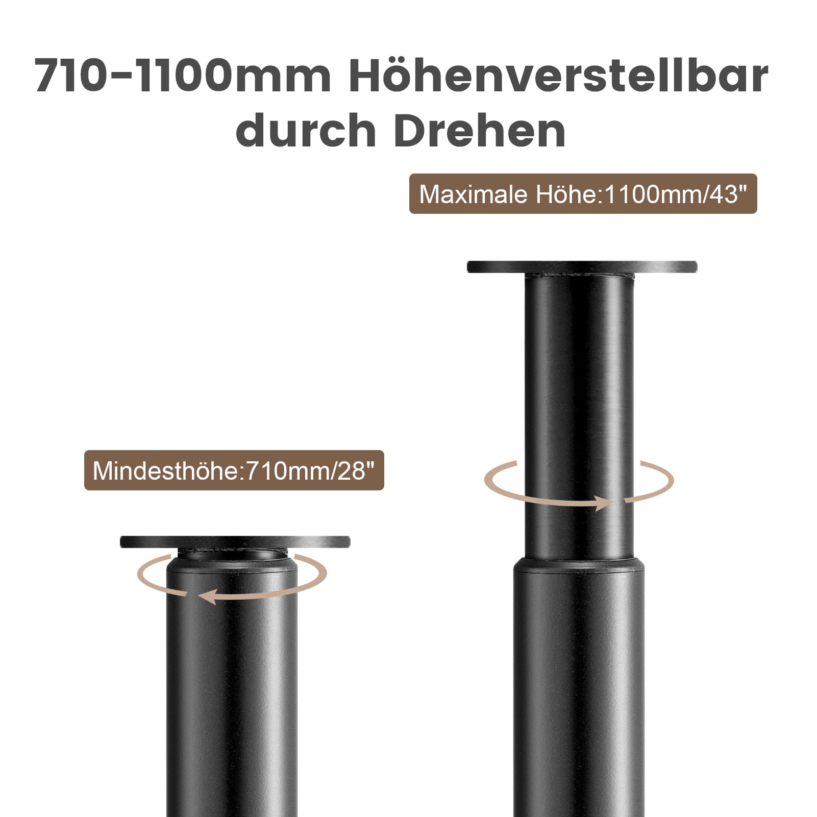 1 Stück Teleskop-Tischbein Schwarz (71–110 cm) – Höhenverstellbar & Extra Stabil (Ø 60 mm)