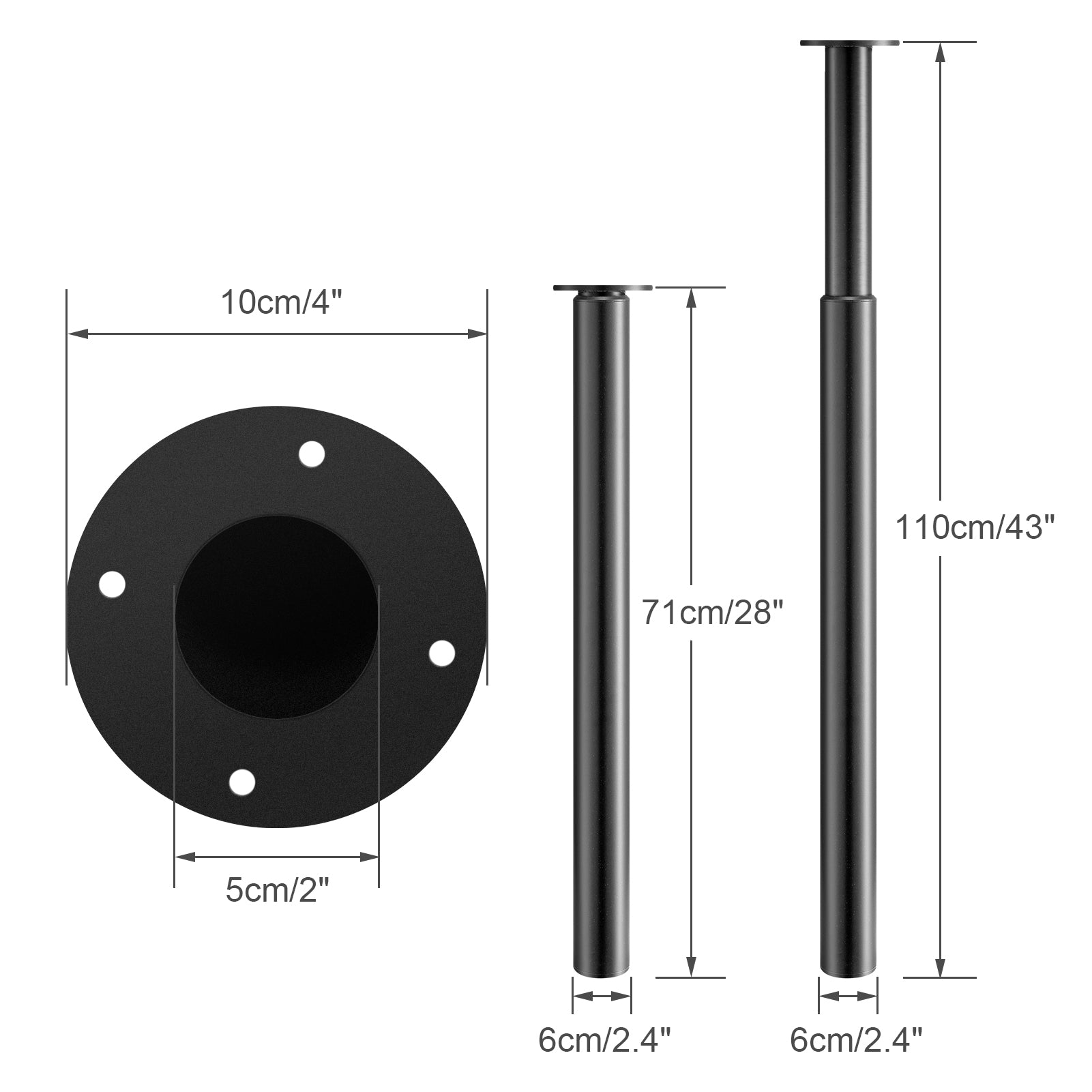 1 Stück Teleskop-Tischbein Schwarz (71–110 cm) – Höhenverstellbar & Extra Stabil (Ø 60 mm)