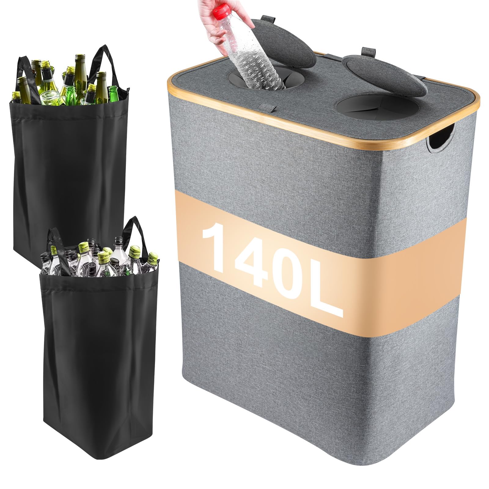 XXL Pfandflaschen-Sammelbehälter (140L) – Leergut-Organizer mit Deckel & herausnehmbarer Tasche (Grau)
