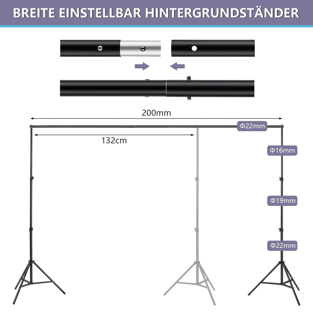 Profi Hintergrundsystem Set (2 x 2m) – Verstellbarer Fotoständer inkl. Stoff, Klemmen & Tragetasche