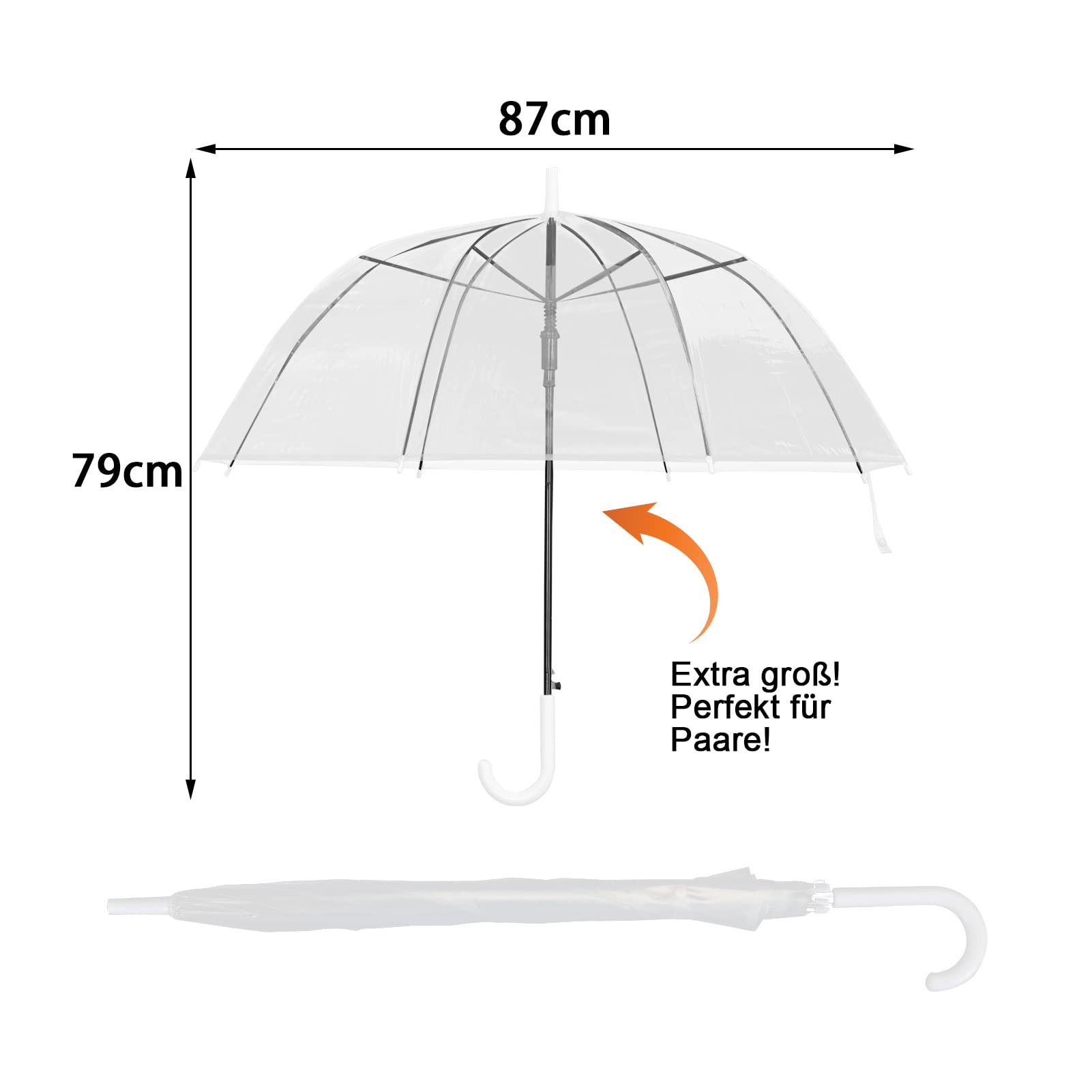 Transparenter Design-Regenschirm (Ø 87 cm) – Eleganter Stockschirm mit ergonomischem C-Griff & Rundum-Sicht