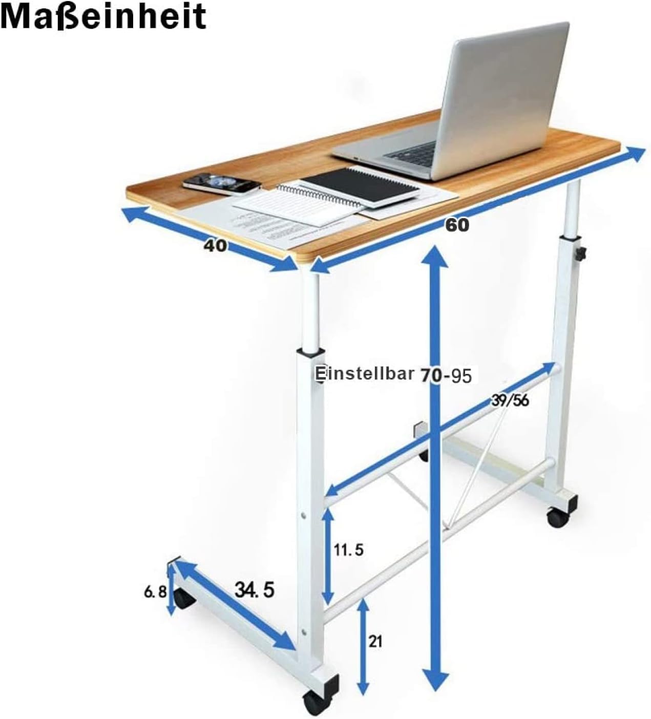 Mobiler Laptoptisch „FlexiWork“ (60x40 cm) – Höhenverstellbarer Computertisch mit Rollen (Gelbes Birnbaumholz-Dekor)