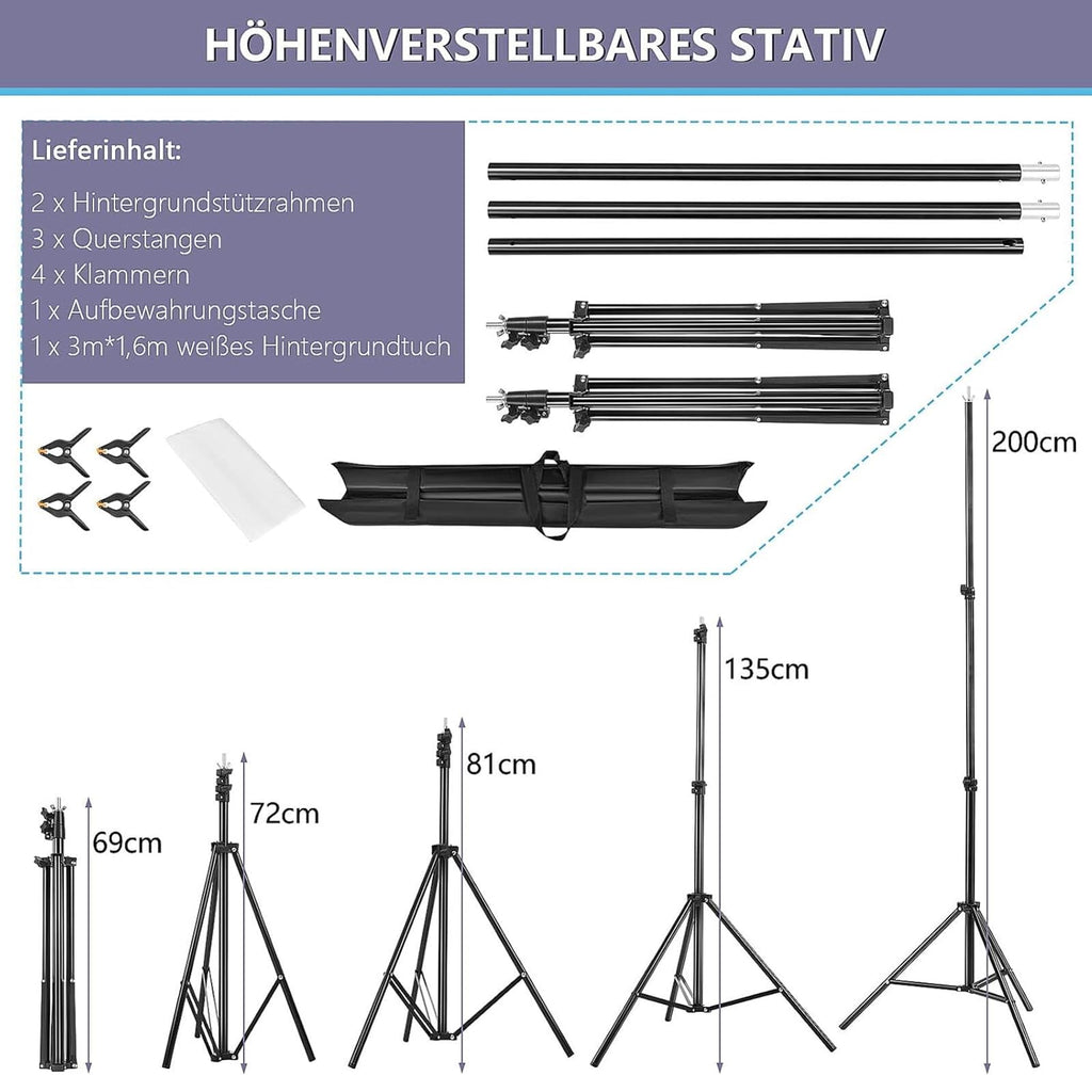 Profi Hintergrundsystem Set (2 x 2m) – Verstellbarer Fotoständer inkl. Stoff, Klemmen & Tragetasche
