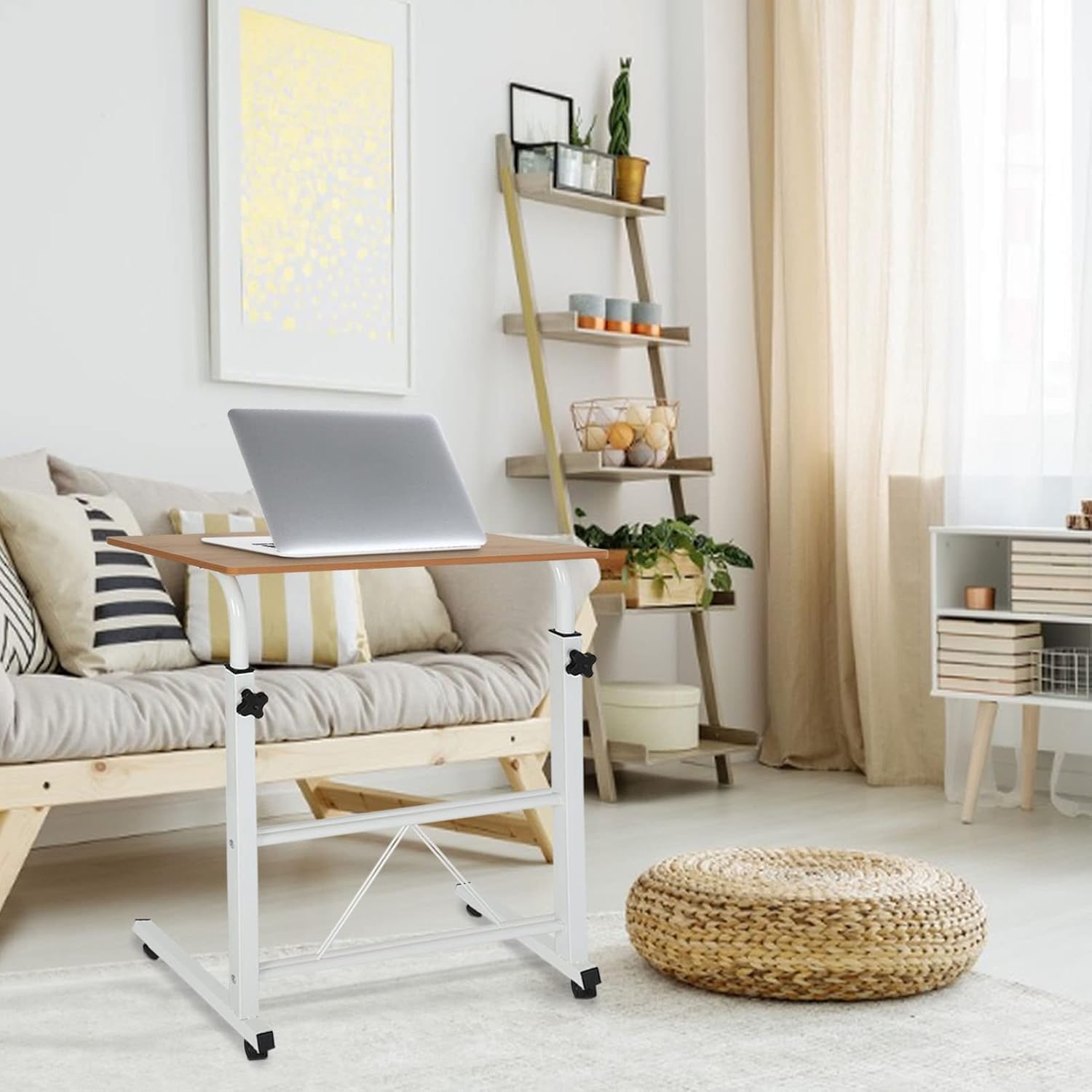 Mobiler Laptoptisch „FlexiWork“ (60x40 cm) – Höhenverstellbarer Computertisch mit Rollen (Gelbes Birnbaumholz-Dekor)