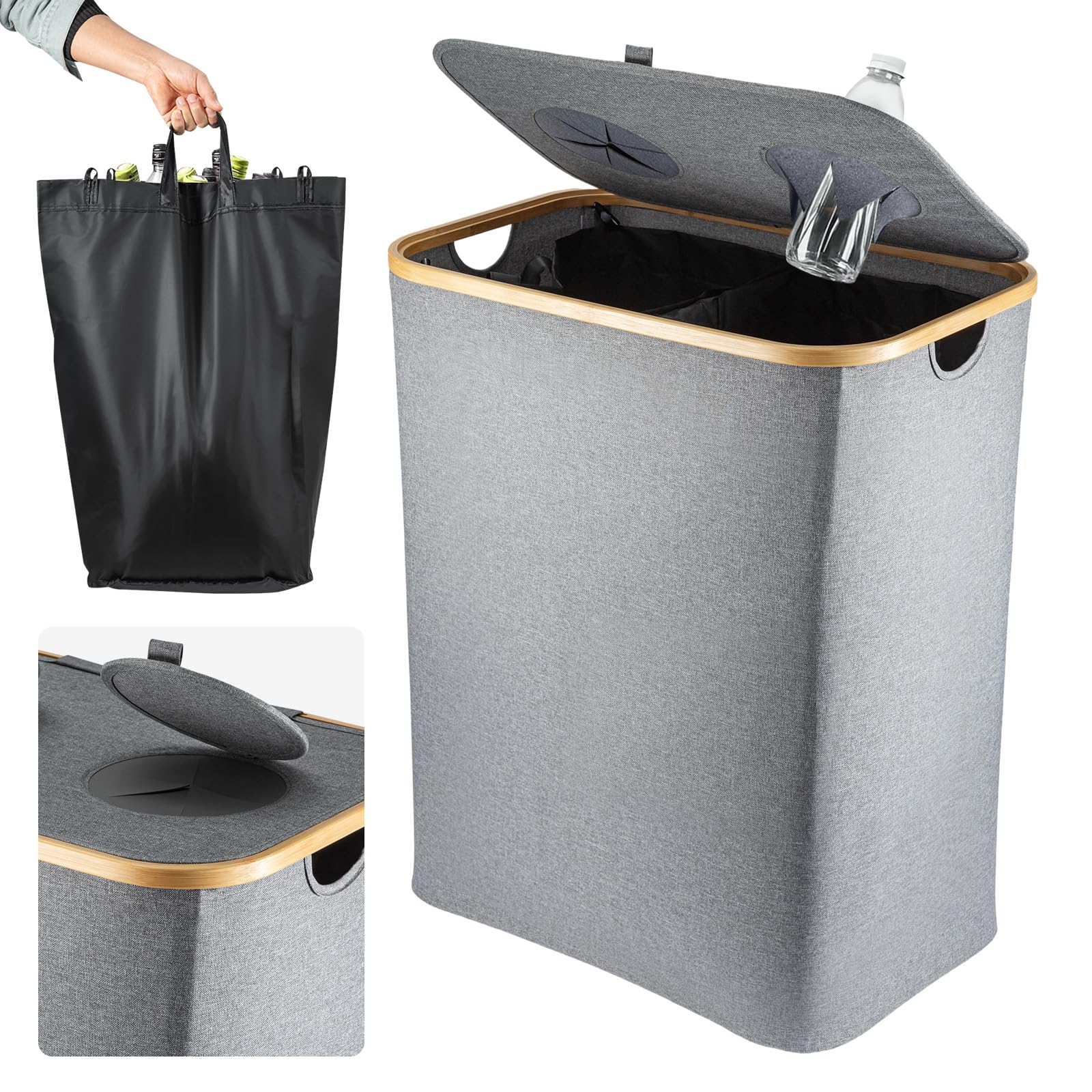 XXL Pfandflaschen-Sammelbehälter (140L) – Leergut-Organizer mit Deckel & herausnehmbarer Tasche (Grau)