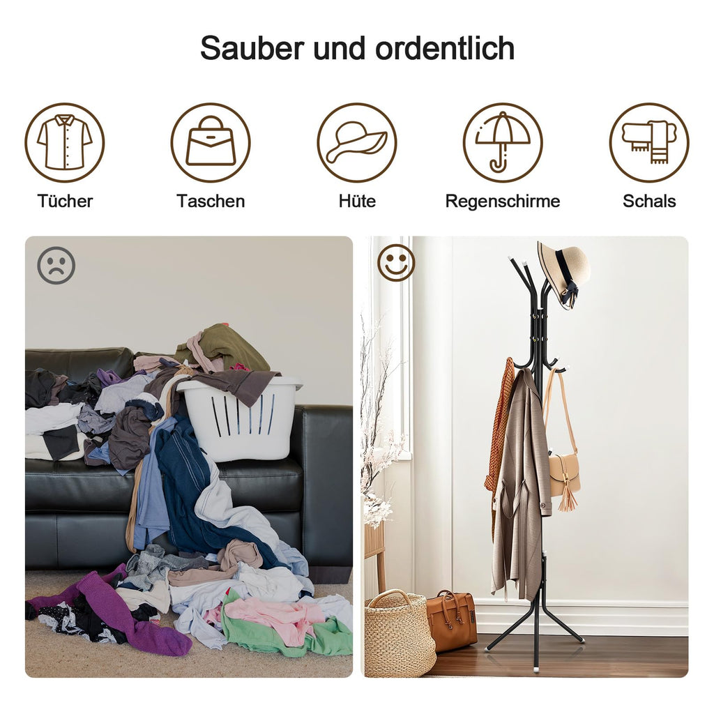Moderner Garderobenständer „TreeLife“ (175 cm) – Stabiler Metall-Kleiderständer mit 12 Haken in Matt-Schwarz