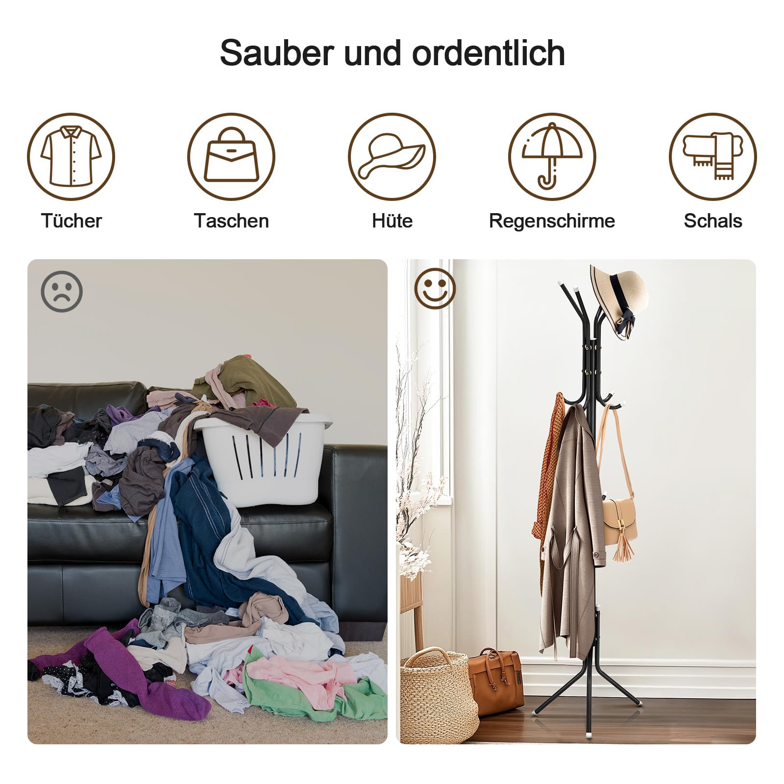 Moderner Garderobenständer „TreeLife“ (175 cm) – Stabiler Metall-Kleiderständer mit 12 Haken in Matt-Schwarz
